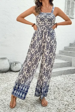 Fashion Dear-Lover Boho Geometric Print Shirred High Waist Wide Leg Jumpsuit Blue