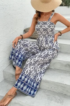 Fashion Dear-Lover Boho Geometric Print Shirred High Waist Wide Leg Jumpsuit Blue