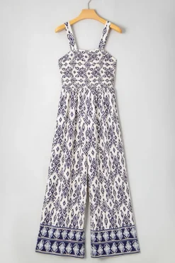 Fashion Dear-Lover Boho Geometric Print Shirred High Waist Wide Leg Jumpsuit Blue