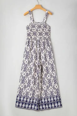 Fashion Dear-Lover Boho Geometric Print Shirred High Waist Wide Leg Jumpsuit Blue