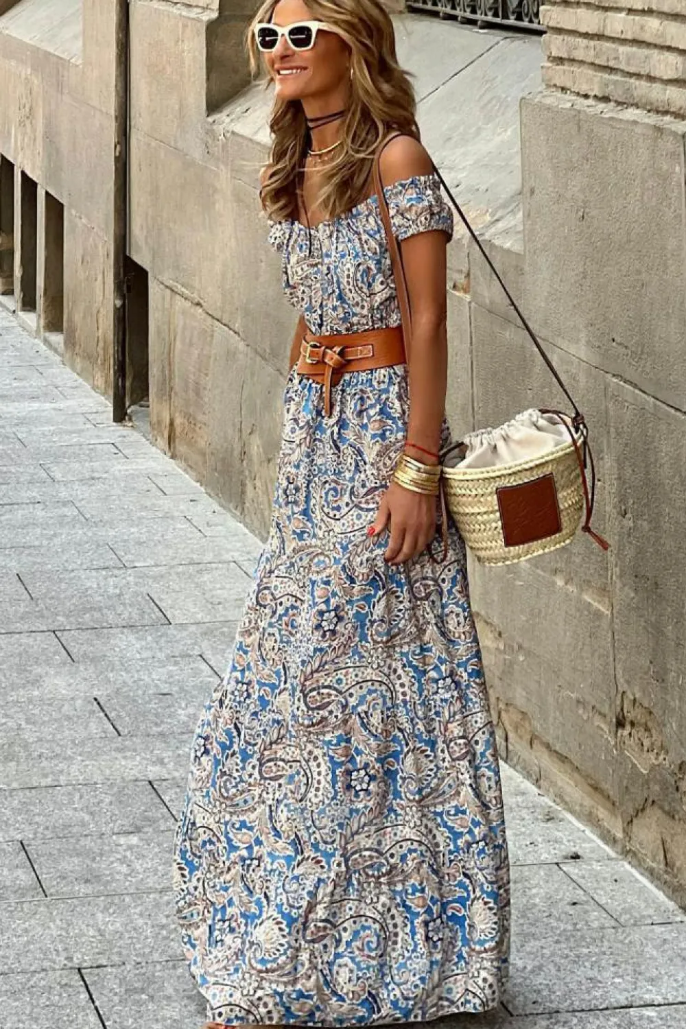 New Dear-Lover Boho Paisley Print Off Shoulder Maxi Dress Blue
