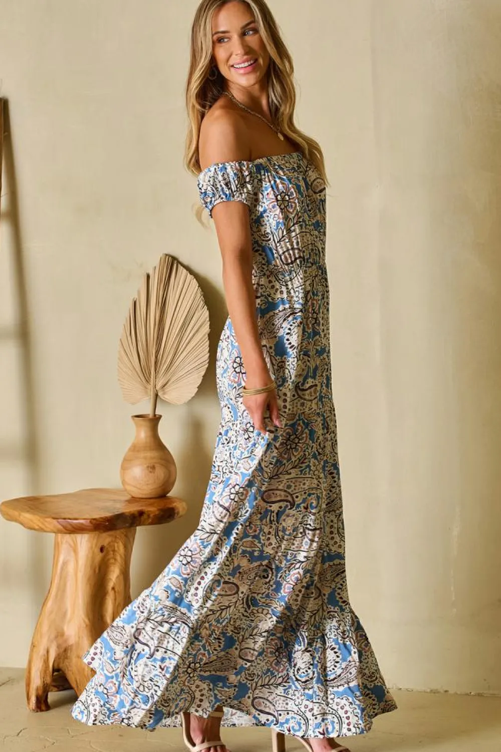 New Dear-Lover Boho Paisley Print Off Shoulder Maxi Dress Blue