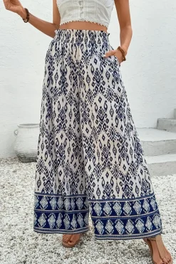 New Dear-Lover Boho Pattern Print High Waist Wide Leg Loose Pants Blue