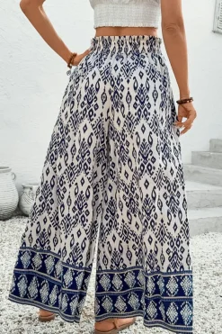 New Dear-Lover Boho Pattern Print High Waist Wide Leg Loose Pants Blue