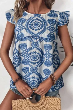 Discount Dear-Lover Boho Print Flutter Sleeve Crew Neck Blouse Blue