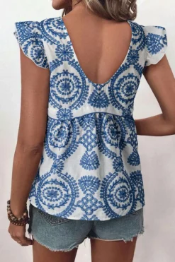 Discount Dear-Lover Boho Print Flutter Sleeve Crew Neck Blouse Blue