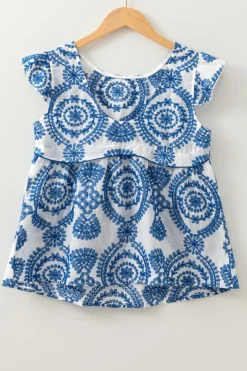 Discount Dear-Lover Boho Print Flutter Sleeve Crew Neck Blouse Blue