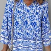 Outlet Dear-Lover Boho Printed 3/4 Sleeve Tied Neck Blouse Blue