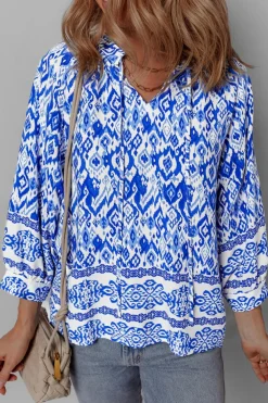 Outlet Dear-Lover Boho Printed 3/4 Sleeve Tied Neck Blouse Blue