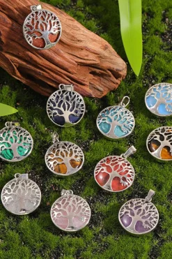 Online Dear-Lover Boho Tree of Life Crystal Round Pendant Necklace Blue