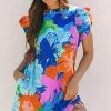 Hot Dear-Lover Bold Floral Flutter Sleeve Shift Mini Dress with Pockets Blue