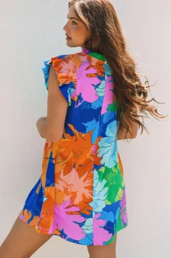 Hot Dear-Lover Bold Floral Flutter Sleeve Shift Mini Dress with Pockets Blue