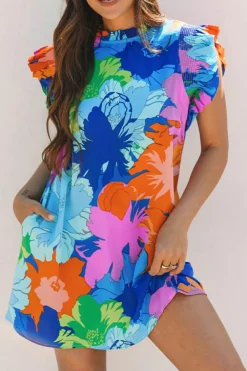 Hot Dear-Lover Bold Floral Flutter Sleeve Shift Mini Dress with Pockets Blue