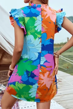 Hot Dear-Lover Bold Floral Flutter Sleeve Shift Mini Dress with Pockets Blue
