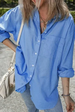 Hot Dear-Lover Boyfriend Chest Pocket Tunic Shirt Blue