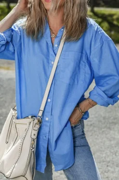 Hot Dear-Lover Boyfriend Chest Pocket Tunic Shirt Blue