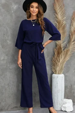New Dear-Lover Bracelet Sleeve Waist Tie Wide Leg Jumpsuit Blue