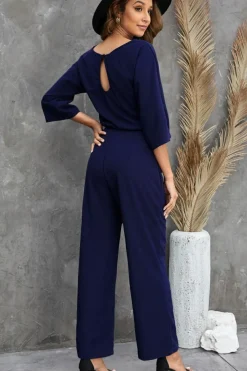 New Dear-Lover Bracelet Sleeve Waist Tie Wide Leg Jumpsuit Blue