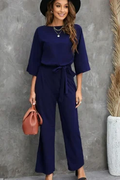 New Dear-Lover Bracelet Sleeve Waist Tie Wide Leg Jumpsuit Blue
