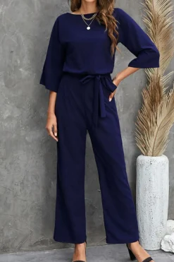 New Dear-Lover Bracelet Sleeve Waist Tie Wide Leg Jumpsuit Blue