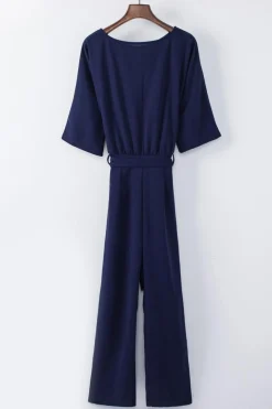 New Dear-Lover Bracelet Sleeve Waist Tie Wide Leg Jumpsuit Blue