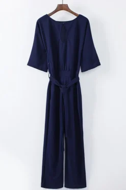 New Dear-Lover Bracelet Sleeve Waist Tie Wide Leg Jumpsuit Blue