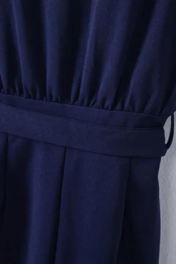 New Dear-Lover Bracelet Sleeve Waist Tie Wide Leg Jumpsuit Blue