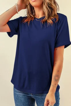 New Dear-Lover Casual Plain Crew Neck Tee Blue
