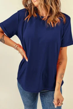 New Dear-Lover Casual Plain Crew Neck Tee Blue