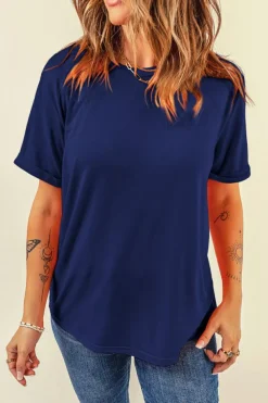 New Dear-Lover Casual Plain Crew Neck Tee Blue