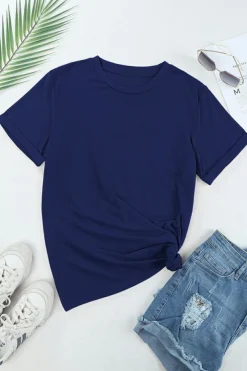 New Dear-Lover Casual Plain Crew Neck Tee Blue