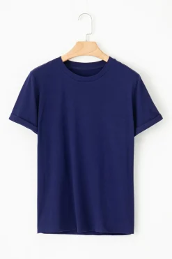 New Dear-Lover Casual Plain Crew Neck Tee Blue