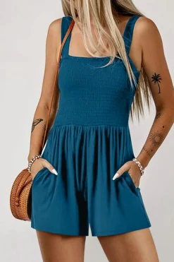 Best Dear-Lover Casual Pocketed Smocked Sleeveless Romper Blue