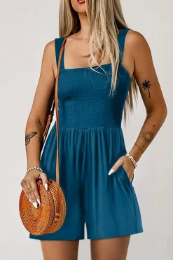 Best Dear-Lover Casual Pocketed Smocked Sleeveless Romper Blue