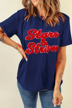 New Dear-Lover Chenille Stars & Stripes Patched Graphic T Shirt Blue