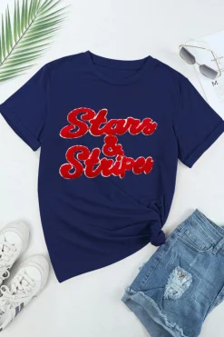 New Dear-Lover Chenille Stars & Stripes Patched Graphic T Shirt Blue