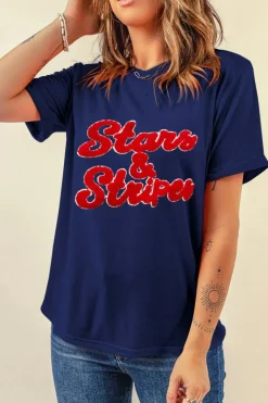 New Dear-Lover Chenille Stars & Stripes Patched Graphic T Shirt Blue