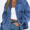 Best Dear-Lover Chest Pockets Drop Shoulder Loose Denim Jacket Blue