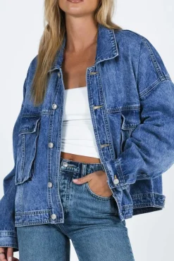 Best Dear-Lover Chest Pockets Drop Shoulder Loose Denim Jacket Blue