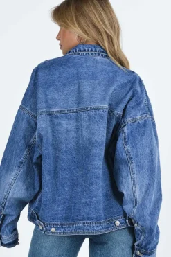 Best Dear-Lover Chest Pockets Drop Shoulder Loose Denim Jacket Blue