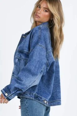 Best Dear-Lover Chest Pockets Drop Shoulder Loose Denim Jacket Blue