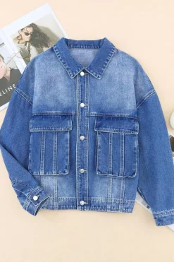 Best Dear-Lover Chest Pockets Drop Shoulder Loose Denim Jacket Blue