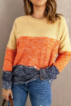 Clearance Dear-Lover Blue Color Block Netted Texture Pullover Sweater Brown
