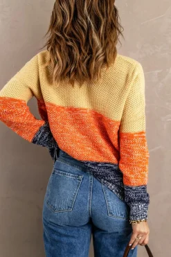 Clearance Dear-Lover Blue Color Block Netted Texture Pullover Sweater Brown