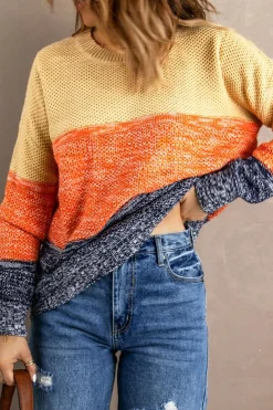 Clearance Dear-Lover Blue Color Block Netted Texture Pullover Sweater Brown