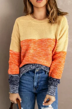 Clearance Dear-Lover Blue Color Block Netted Texture Pullover Sweater Brown