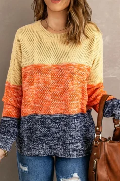 Clearance Dear-Lover Blue Color Block Netted Texture Pullover Sweater Brown