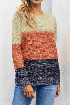 Clearance Dear-Lover Blue Color Block Netted Texture Pullover Sweater Brown