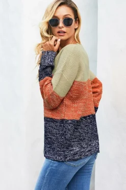 Clearance Dear-Lover Blue Color Block Netted Texture Pullover Sweater Brown
