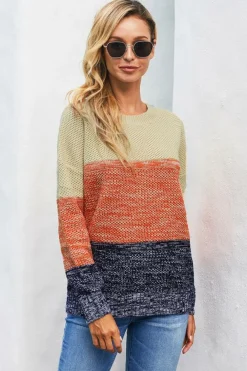 Clearance Dear-Lover Blue Color Block Netted Texture Pullover Sweater Brown